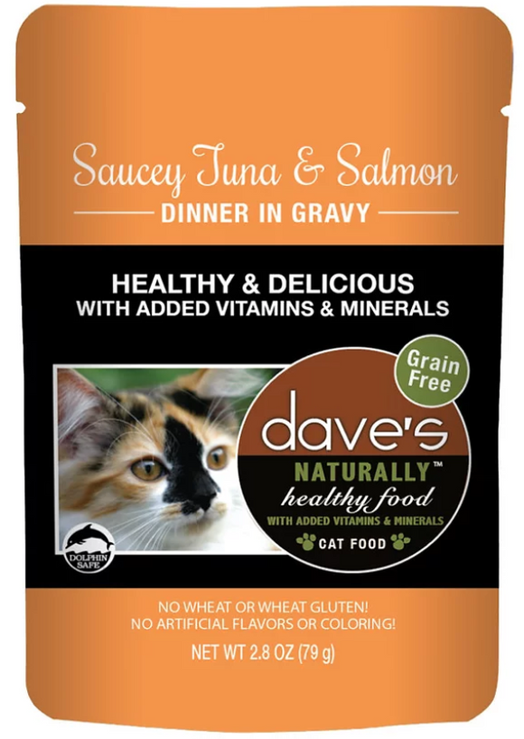 Dave’s Naturally Healthy Cat Food Pouch – Saucey Tuna & Salmon Dinner in Gravy (2.8 oz Single Pouch)