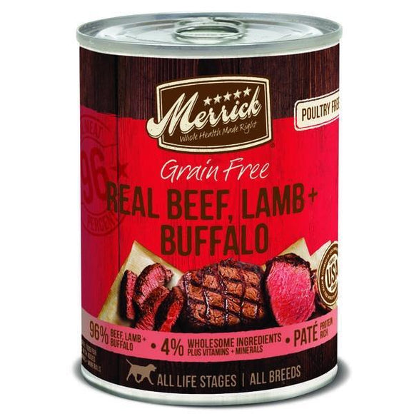 Merrick Grain Free 96% Real Beef Lamb and Buffalo Canned Dog Food